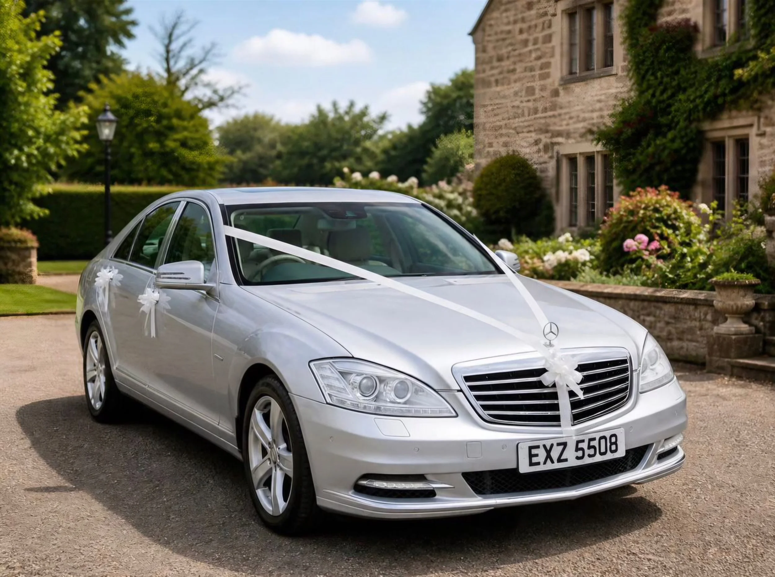 Silver Mercedes S-Class wedding car with ribbons outside a wedding venue, Torbay