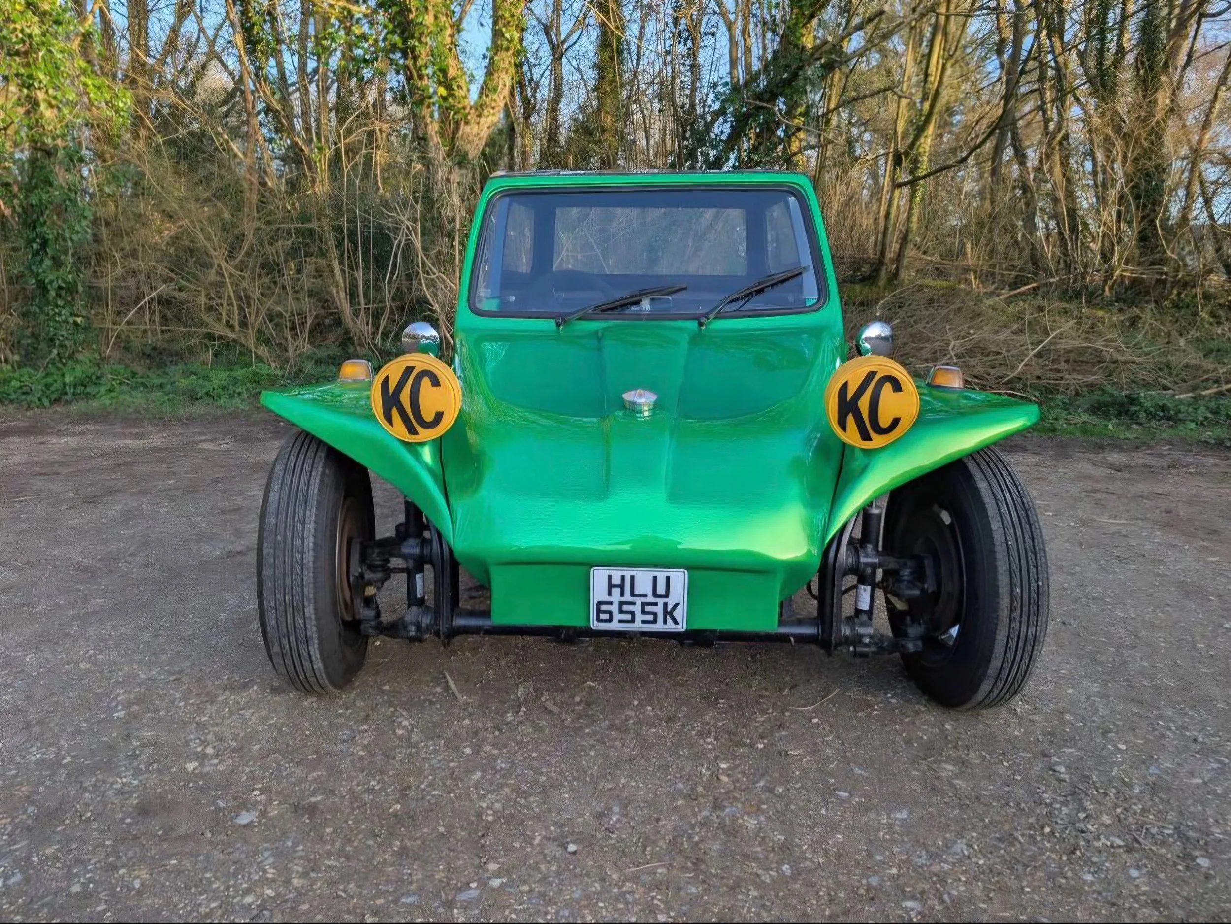 Front of The Hulk green VW beach buggy with twin yellow spotlights