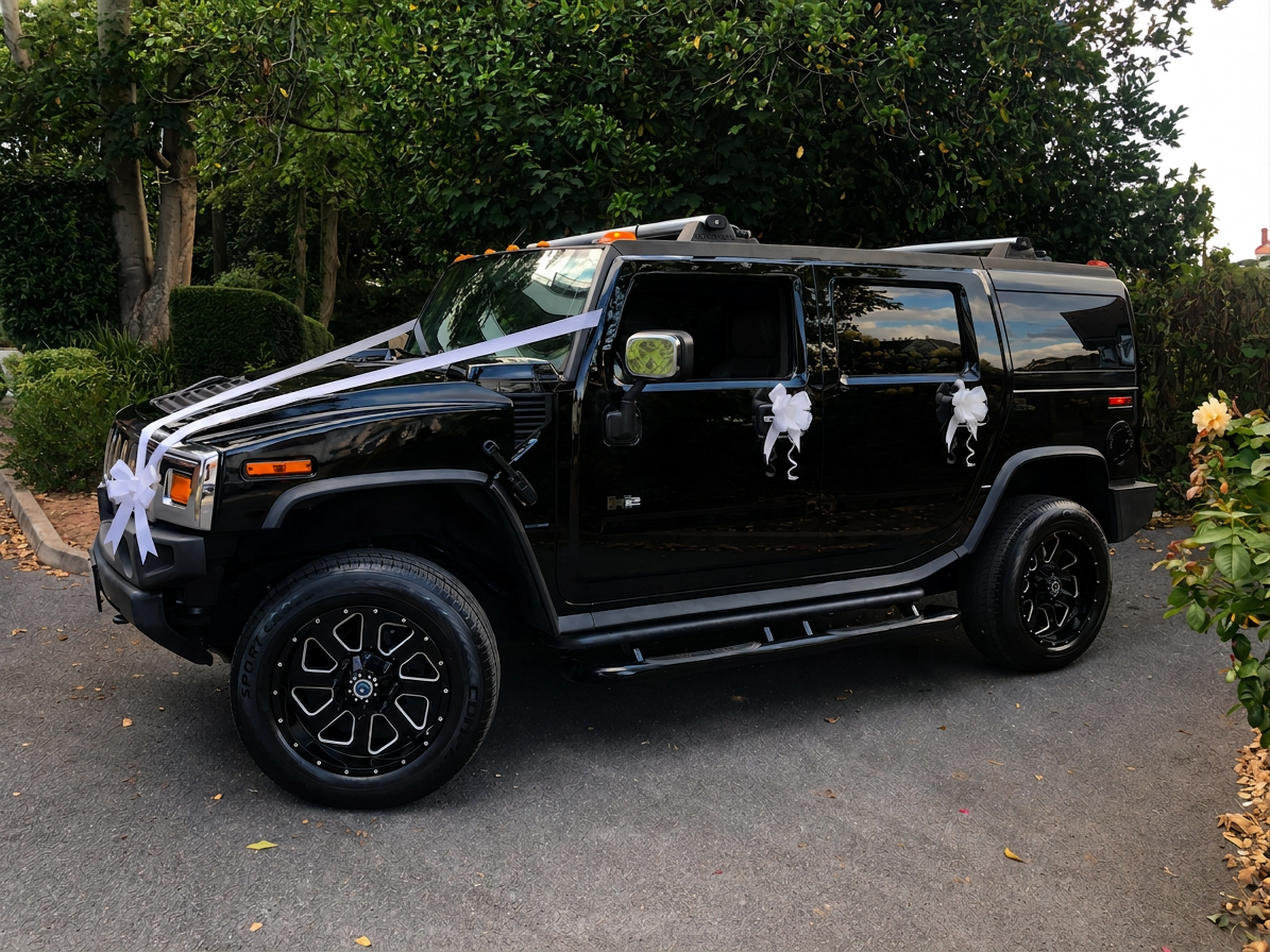 Black Hummer SUV decorated with white ribbons and bows, parked on a paved driveway surrounded by greenery and flowers.
