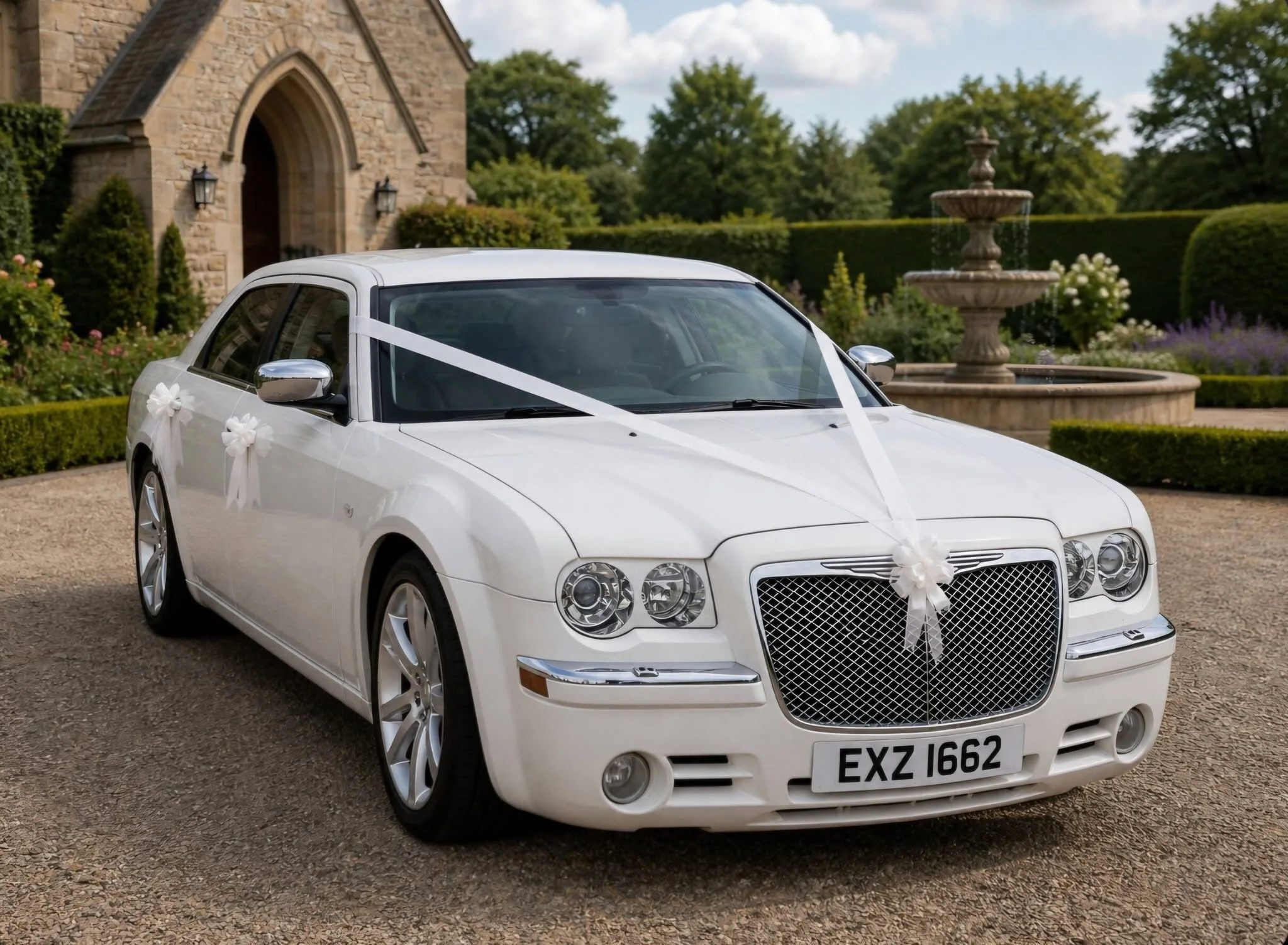 A white luxury car decorated with white ribbons and floral accents for a wedding, parked in front of a stone building with a fountain in the background.