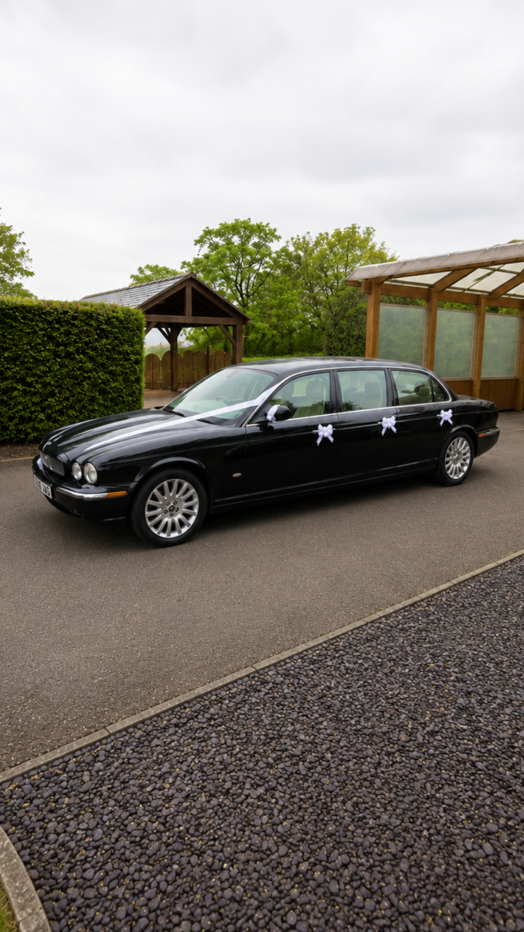 Black Jaguar XJ executive limousine dressed with white wedding ribbons, Torbay