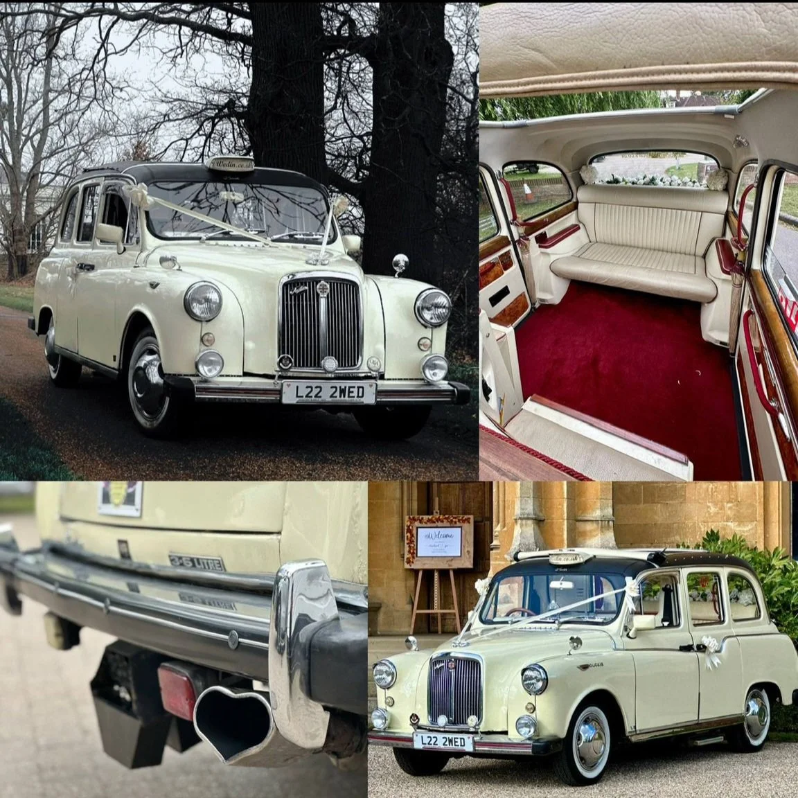A vintage white London taxi with wedding decorations, including white ribbons and flowers, used as a wedding car, with a decorated interior featuring beige and red upholsteries, and a close-up of a chrome exhaust pipe with a heart-shaped tip.