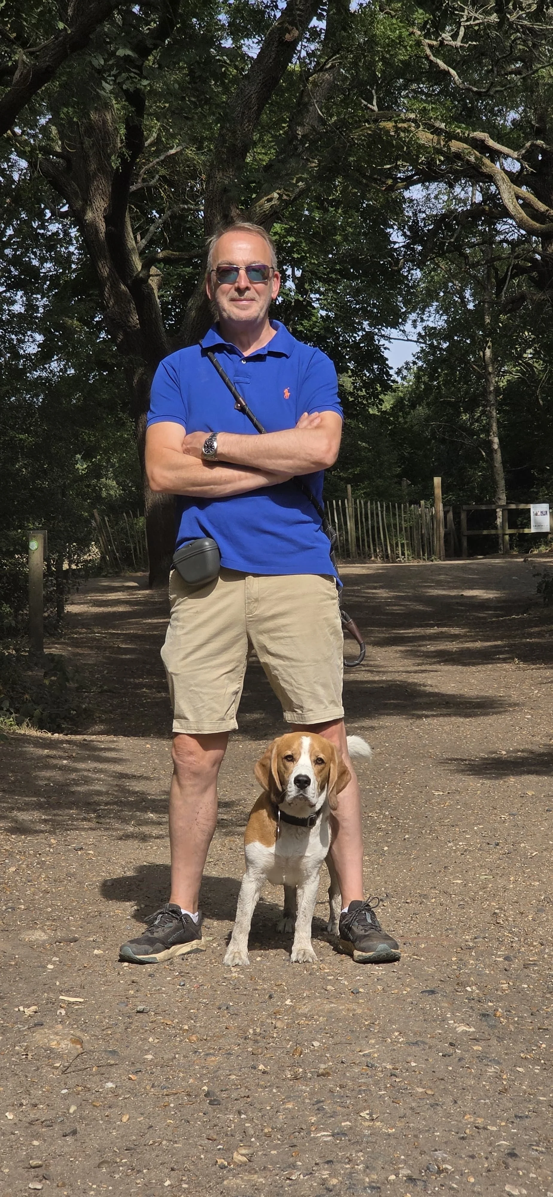 A man wearing sunglasses, a blue polo shirt, and beige shorts stands with arms crossed next to a Beagle dog on a dirt path in a park with trees and a wooden fence in the background.