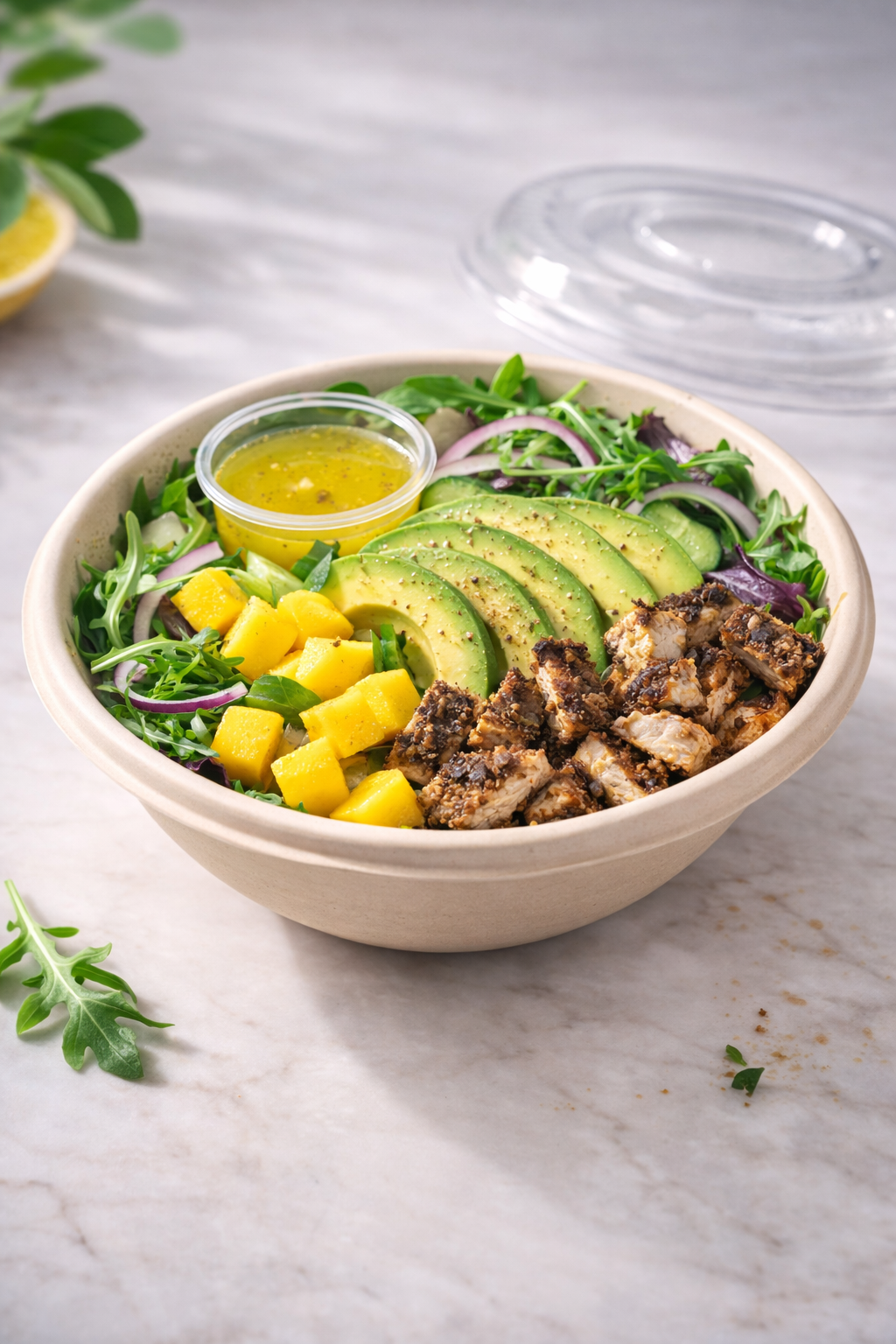 A bowl of salad with sliced avocado, diced mango, chopped green onions, mixed greens, and sliced red onions, topped with a small container of dressing, on a light-colored marble surface.