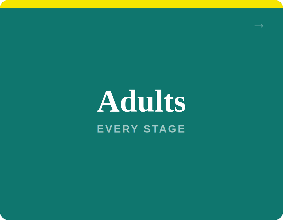Teal-colored background with white text that reads 'Adults' and smaller grey text below that reads 'Every Stage'.