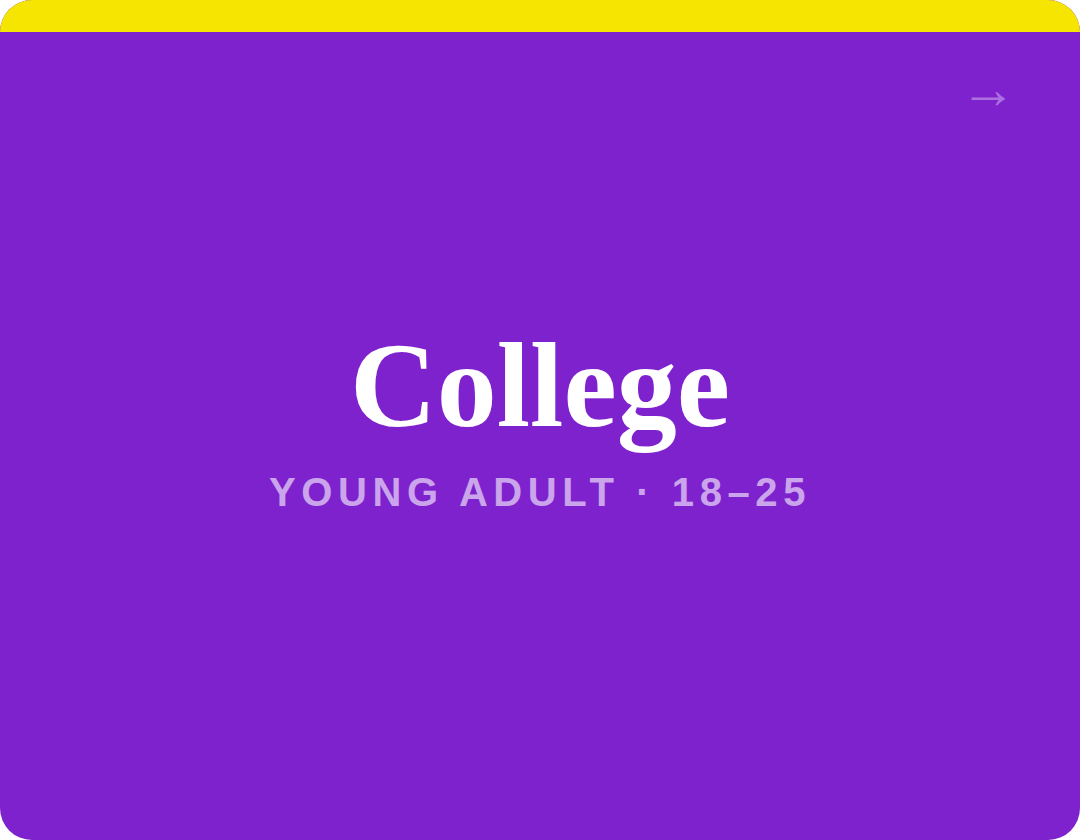A purple gradient background with the text 'College' in large white font and 'YOUNG ADULT · 18–25' in smaller light purple font underneath.