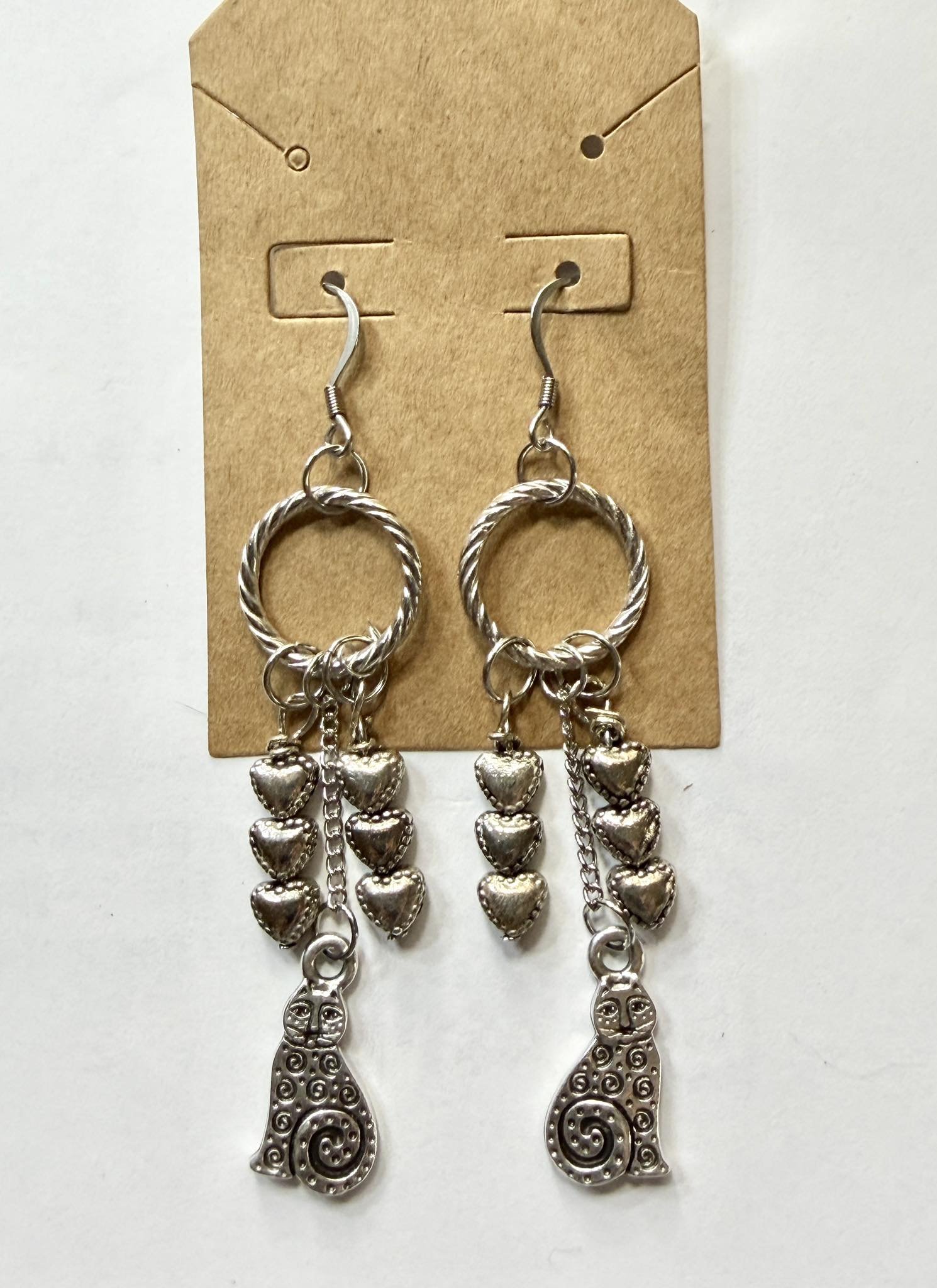 Silver Cats And Hearts Earrings