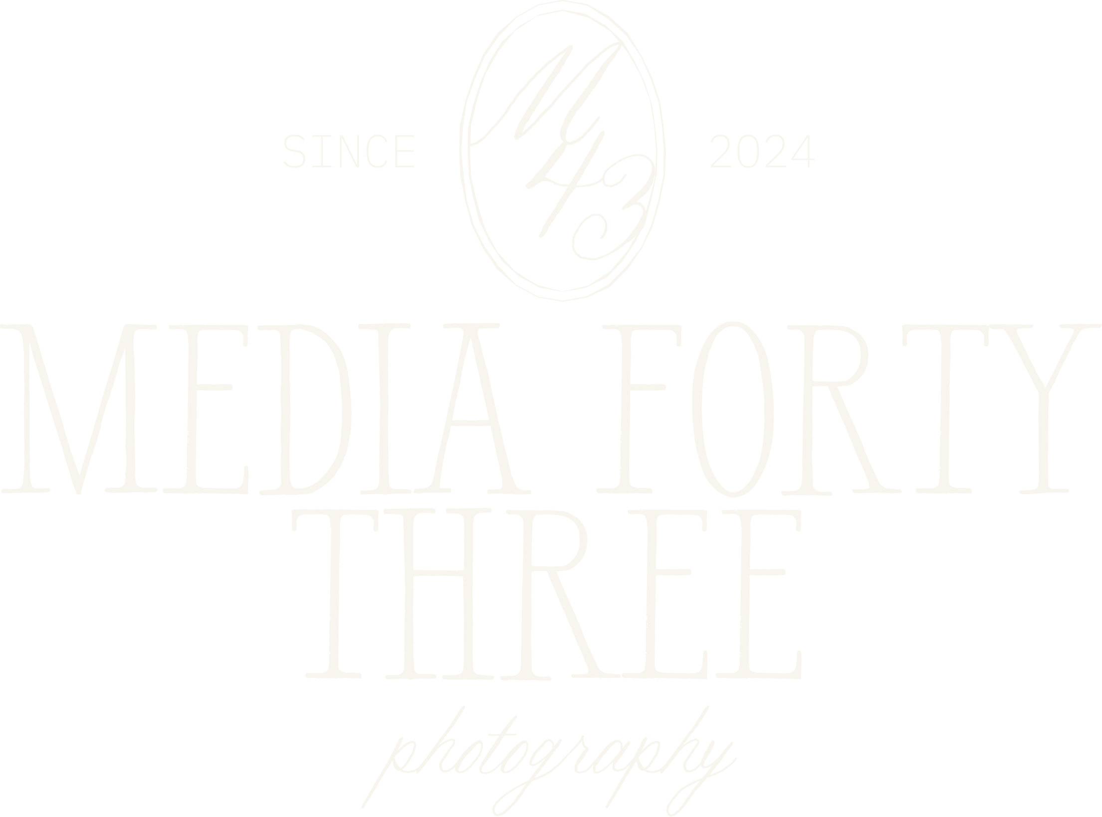 Black background with white text and a circular logo. The logo contains handwritten initials and the numbers 4/23, with the words 'Since 2024' on either side. The main text reads 'Media Forty Three' and below it 'photography' in cursive.