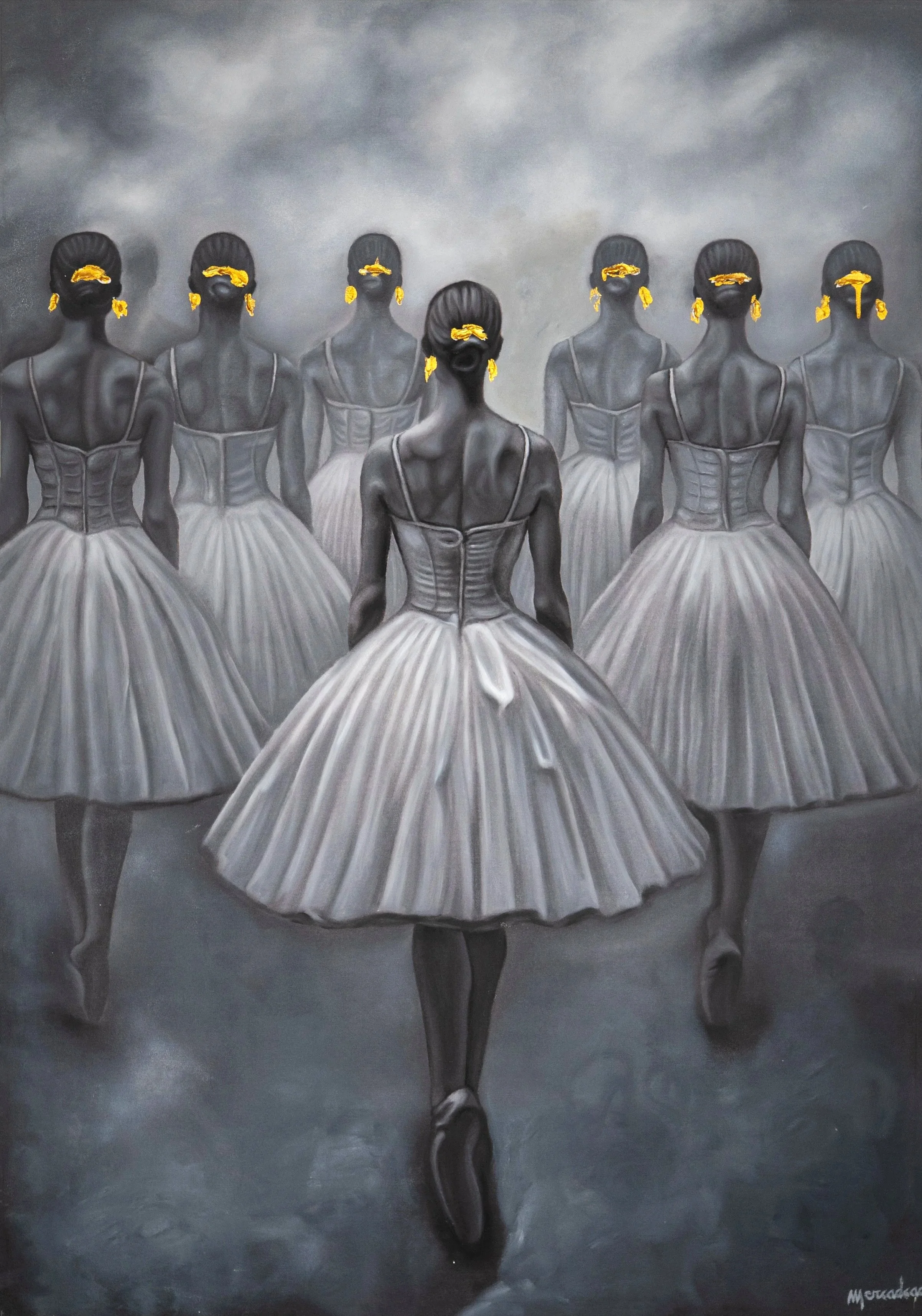 A black and white painting of six ballet dancers in tutus, standing in formation against a cloudy sky. The dancers’ faces are obscured, and they have yellow ribbons or accessories on their faces and ears.