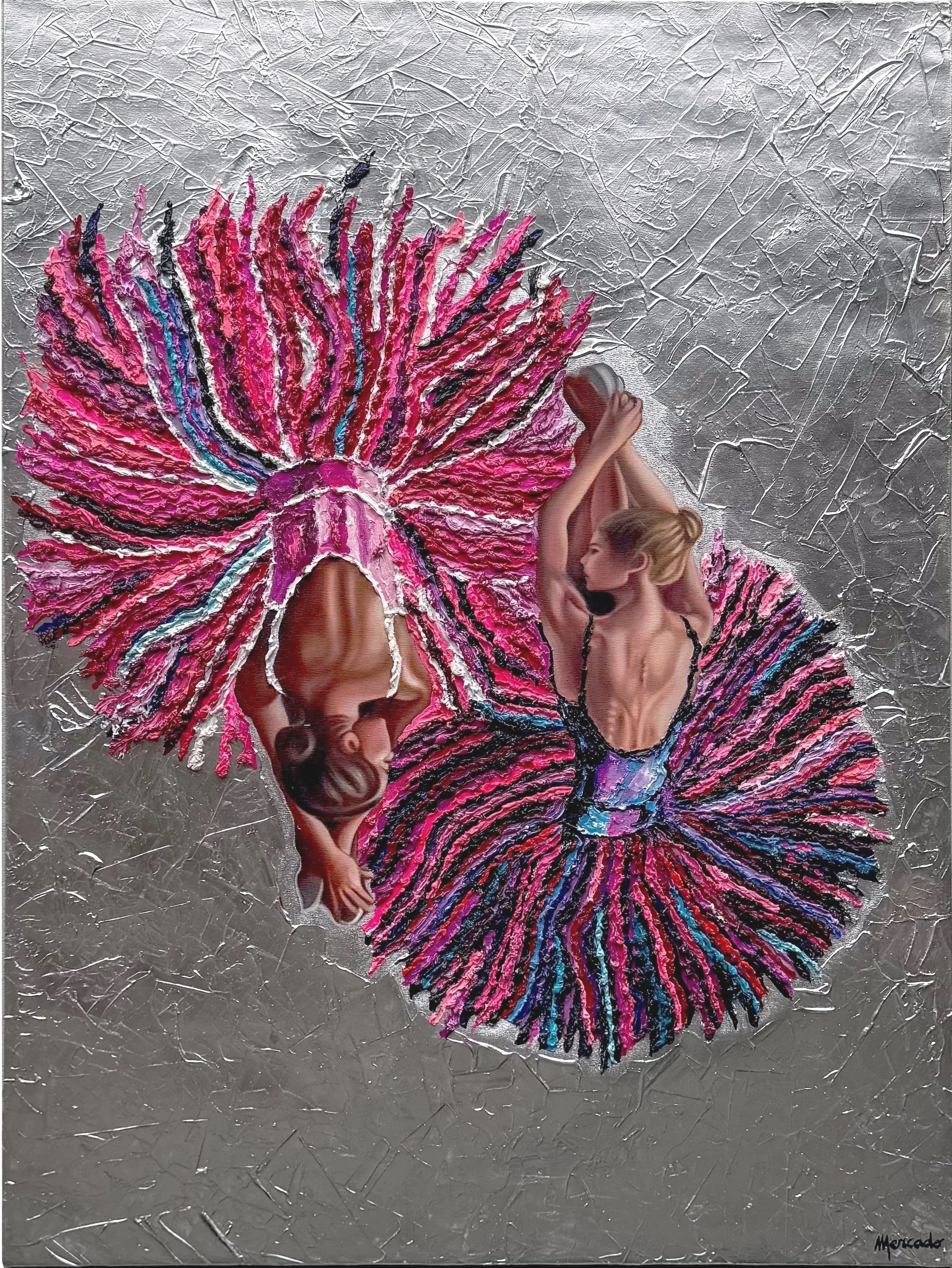 Collage artwork depicting two women in colorful dresses with large, textured, pink, purple, and black feather-like skirts against a reflective silver background.