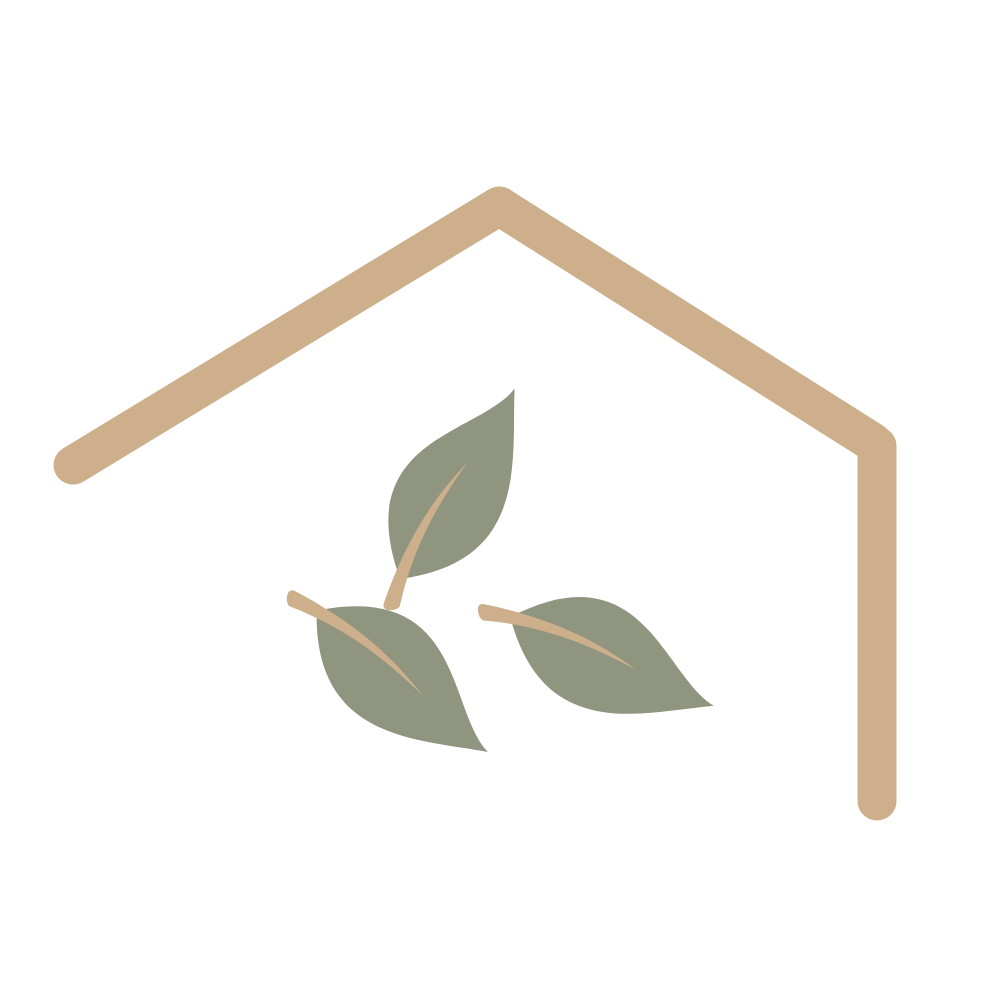 Stylized eco-friendly house with a leaf design inside.