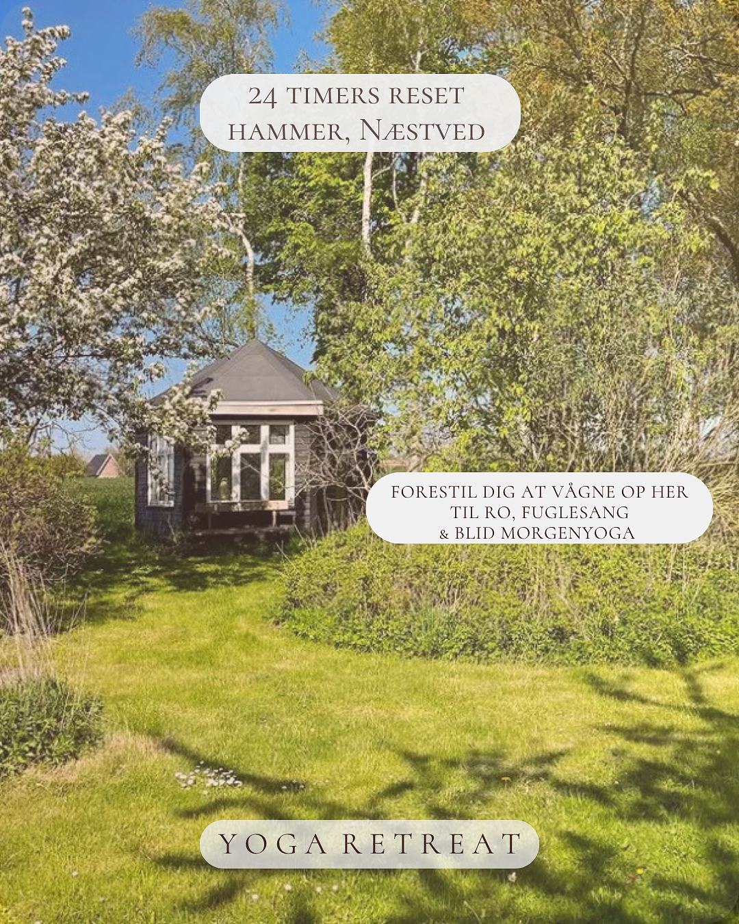 A peaceful garden scene with a small wooden cabin surrounded by green trees and grass. There are three text overlays in Danish mentioning a 24 timer reset hammer in Næstved, a forest dig for bird songs, and a yoga retreat. Yogaretreat i Danmark. Yin