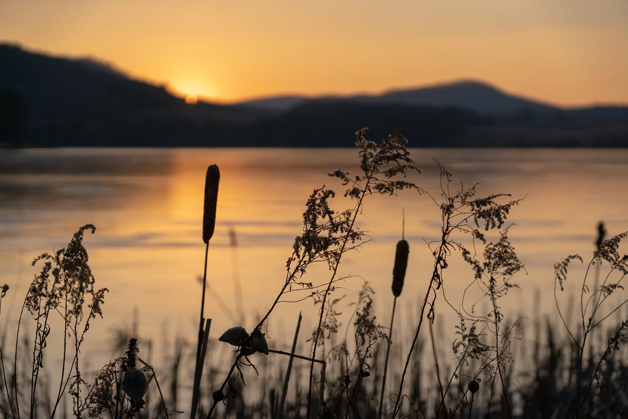 "Twilight's Frozen Whisper"

"Twilight's Frozen Whisper" is an exquisite photographic print that captures the silent beauty of a frozen lake at sunset. As the day's last light kisses the horizon, its golden glow is reflected on the icy surface, creat