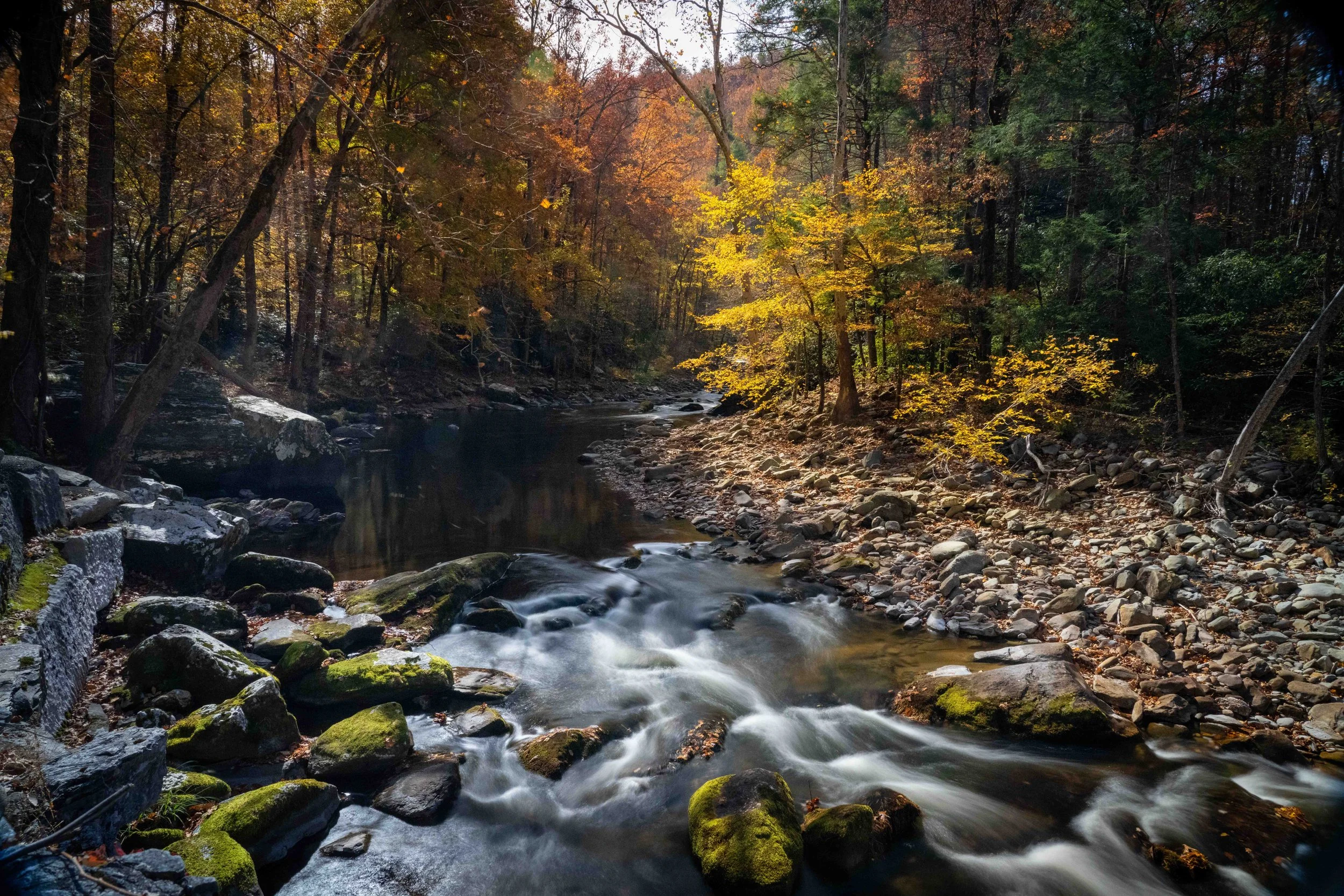 The photograph is of a pristine stream in the Great Smoky Mountains. This National Parl is known for its natural beauty. The photograph captures the beauty and tranquility of the Great Smoky Mountains, offering a glimpse into the unspoiled wilderness