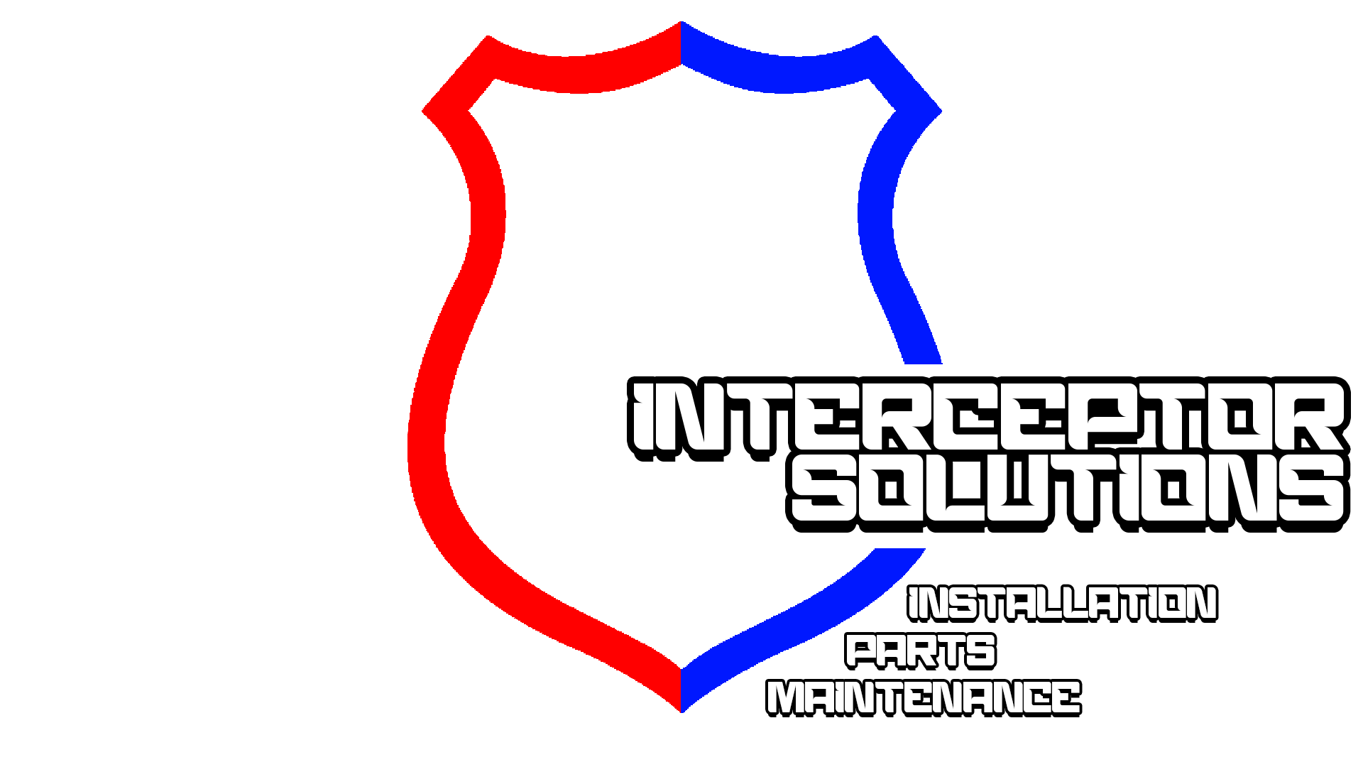 A logo for Interceptor Solutions, established in 2015, featuring a shield outline with a red left side and blue right side, and text indicating they offer installation, parts, and maintenance services.