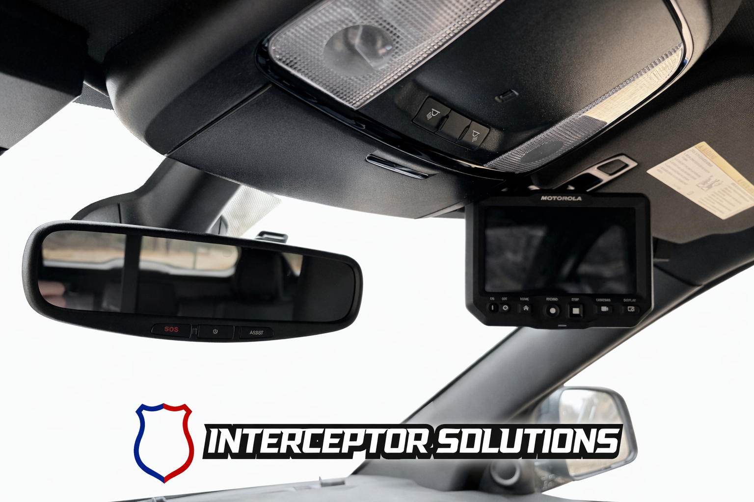 A car interior showing a rearview mirror, a mounted dash camera, and the overhead console with lights and buttons. The dashboard includes a Motorola device, and the image features the Interceptor Solutions logo at the bottom.