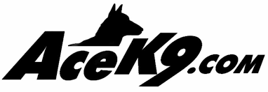 A logo for AceK9.com featuring a black silhouette of a dog's head above bold black text.