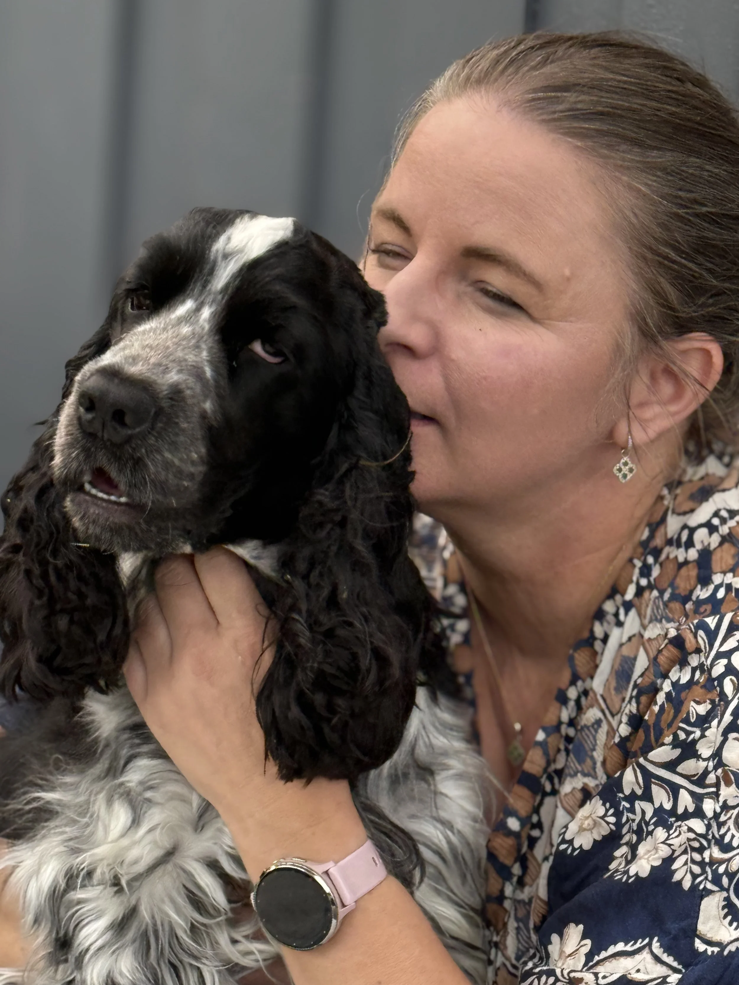 A woman holding a blue and roan English cocker spaniel puppy close, with her face next to the dog's face, both inside a room with a gray wall.
