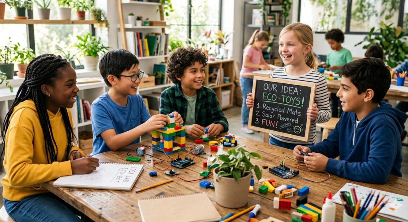 A group of children in a classroom working on STEM projects with a girl holding a board that reads 'Our Idea: Eco-Toys' and lists recycled mats, solar-powered, and fun as features.