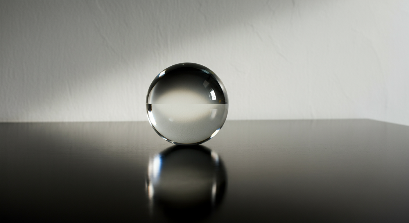 A clear glass marble sits on a black reflective surface with a white textured wall in the background.