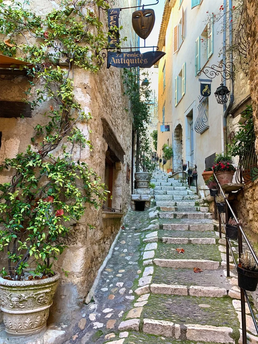 Escalier en pierre dans une ruelle de Saint-Paul-de-Vence, bordé de plantes, de façades anciennes et d’enseignes d’antiquités.
