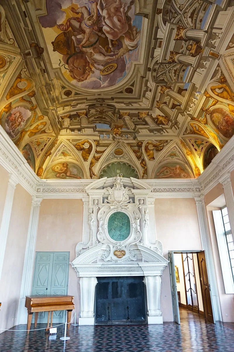 Salle historique du château Grimaldi avec cheminée monumentale, plafond peint et décors architecturaux raffinés.
