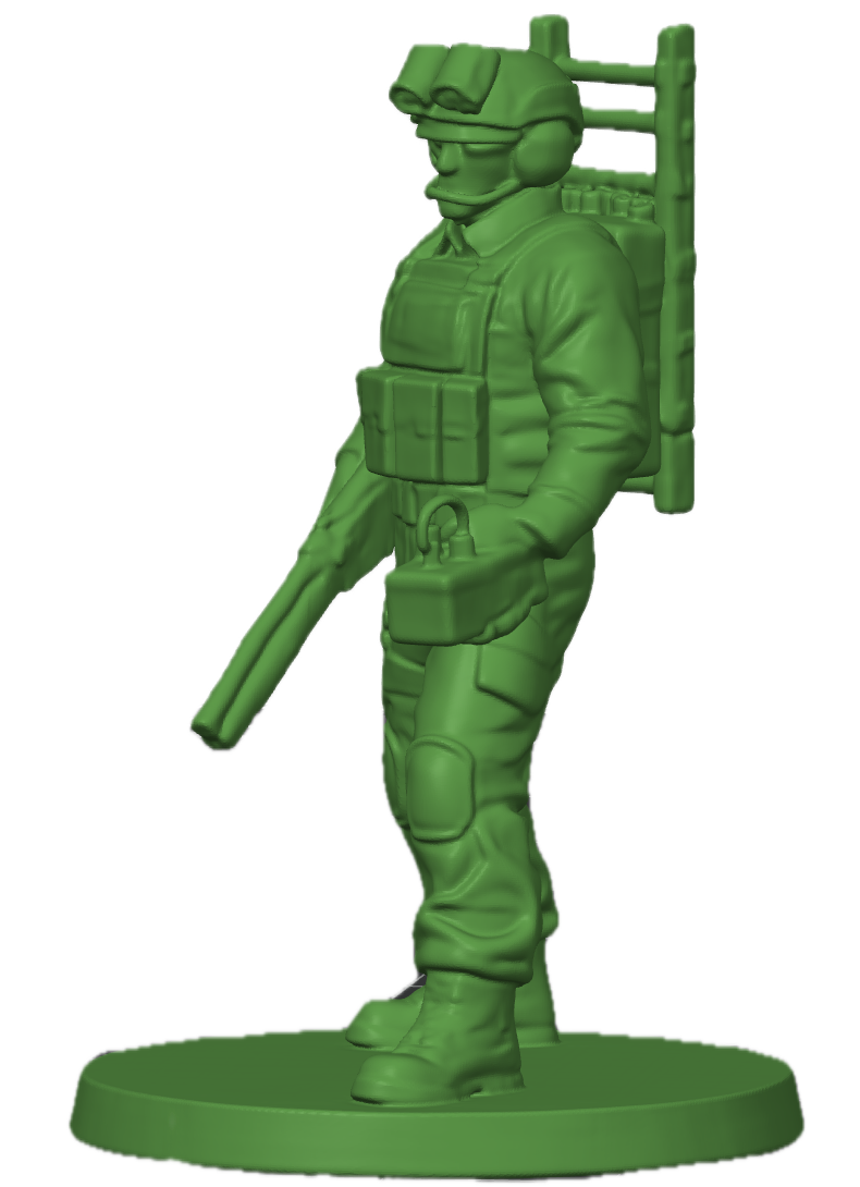 Modern army man breacher toy soldier with tactical shotgun and explosive breaching charge. Military action figure inspired by special operations forces, combat engineers, urban warfare, close-quarters battle, SWAT teams, and modern tactical operation