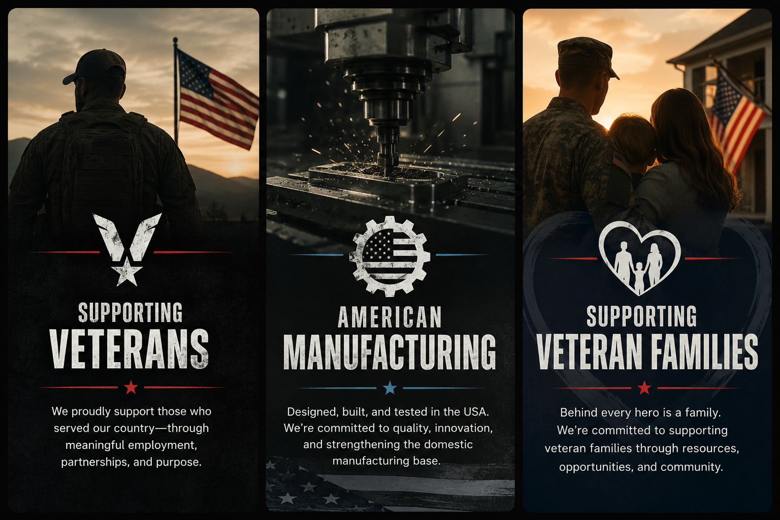 Danger Close Labs mission impact graphic highlighting support for veterans, American manufacturing, and veteran families. Made-in-USA military toy company donating a portion of profits to veteran and military family charities