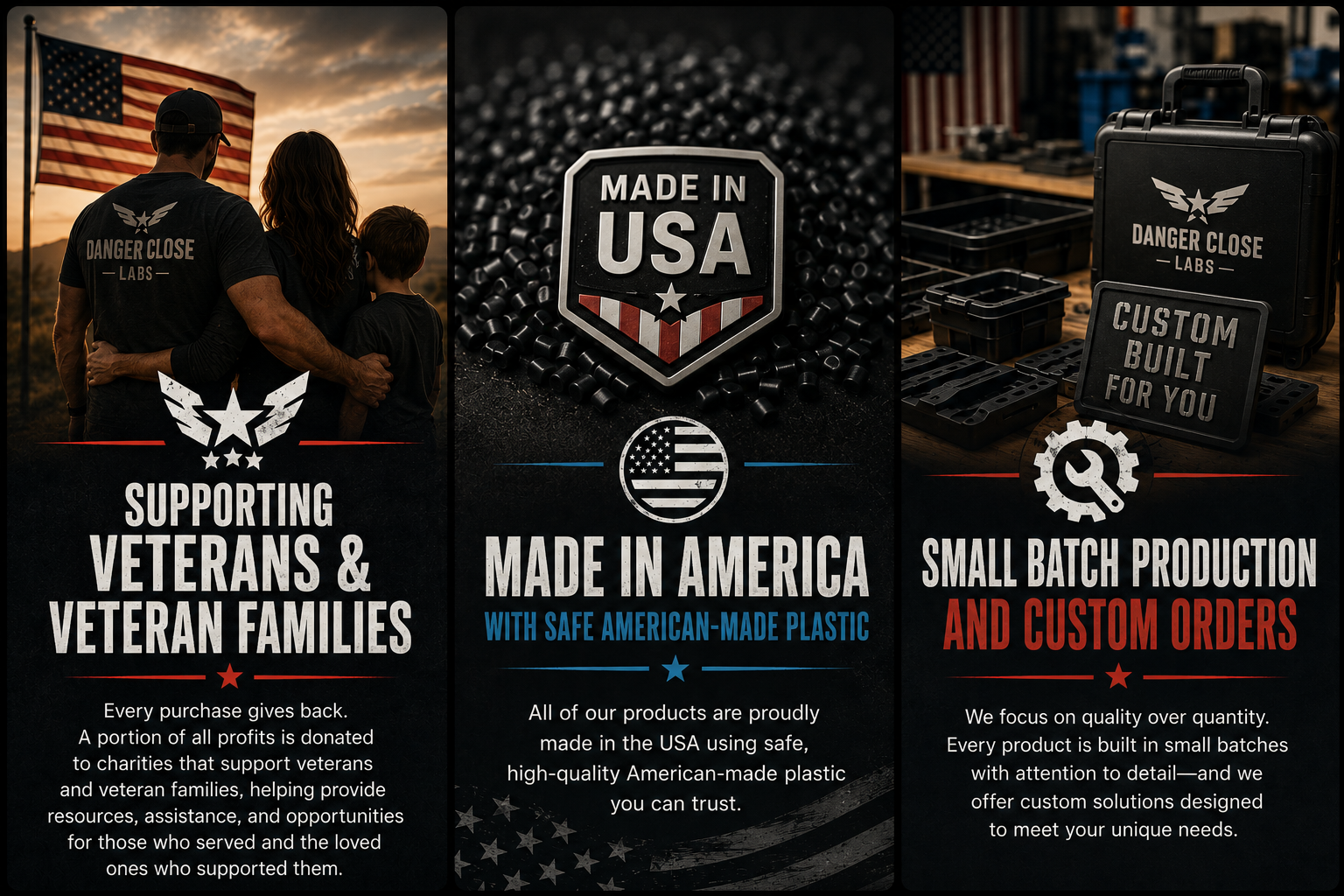 Danger Close Labs mission impact graphic highlighting support for veterans, American manufacturing, and veteran families. Made-in-USA military toy company donating a portion of profits to veteran and military family charities.