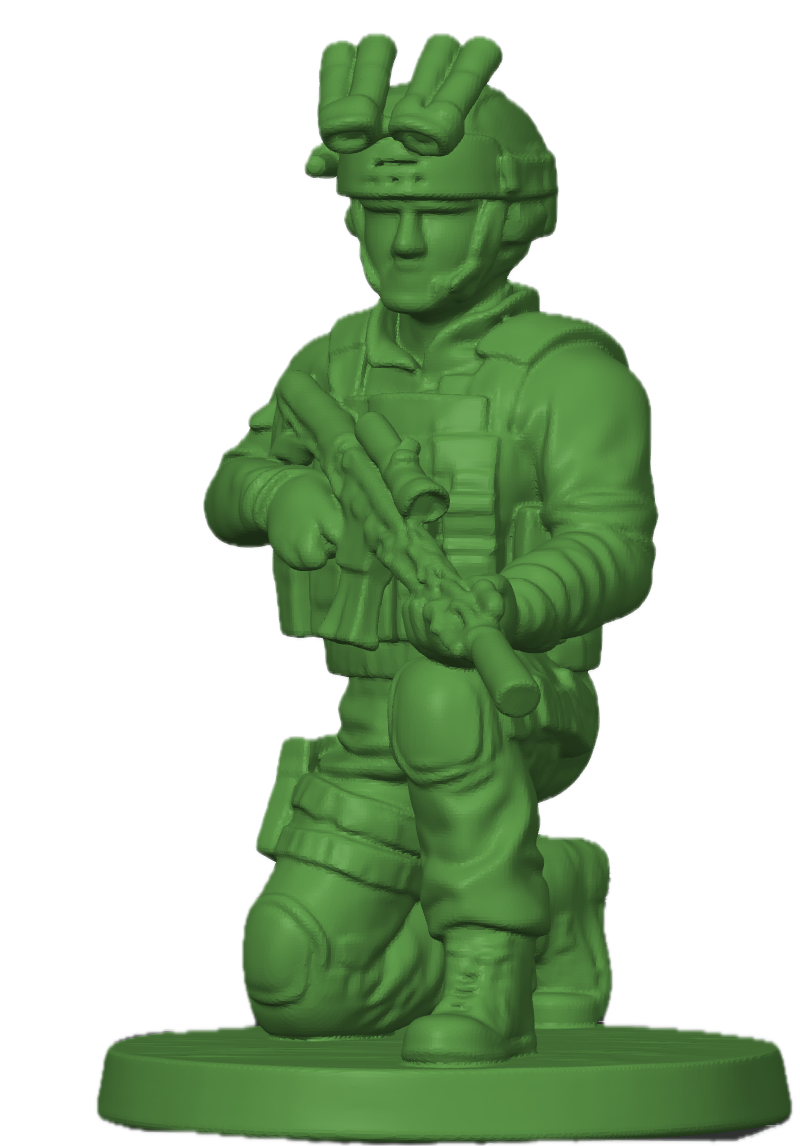 Modern army man kneeling tactical operator with rifle, suppressor, body armor, and night vision goggles. Military action figure inspired by special operations forces, infantry soldiers, modern warfare, tactical training, and contemporary combat