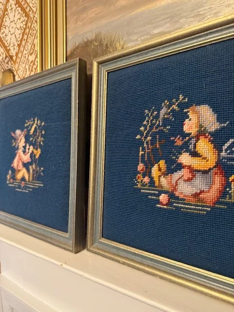 Hummel Style Vintage Framed Needlepoint Pair