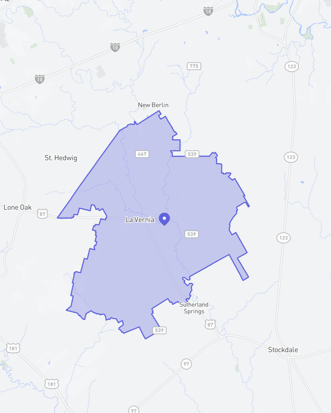 Map highlighting La Vernia, Texas, and surrounding areas, including New Berlin, St. Hedwig, Sutherland Springs, Stockdale, and major highways.