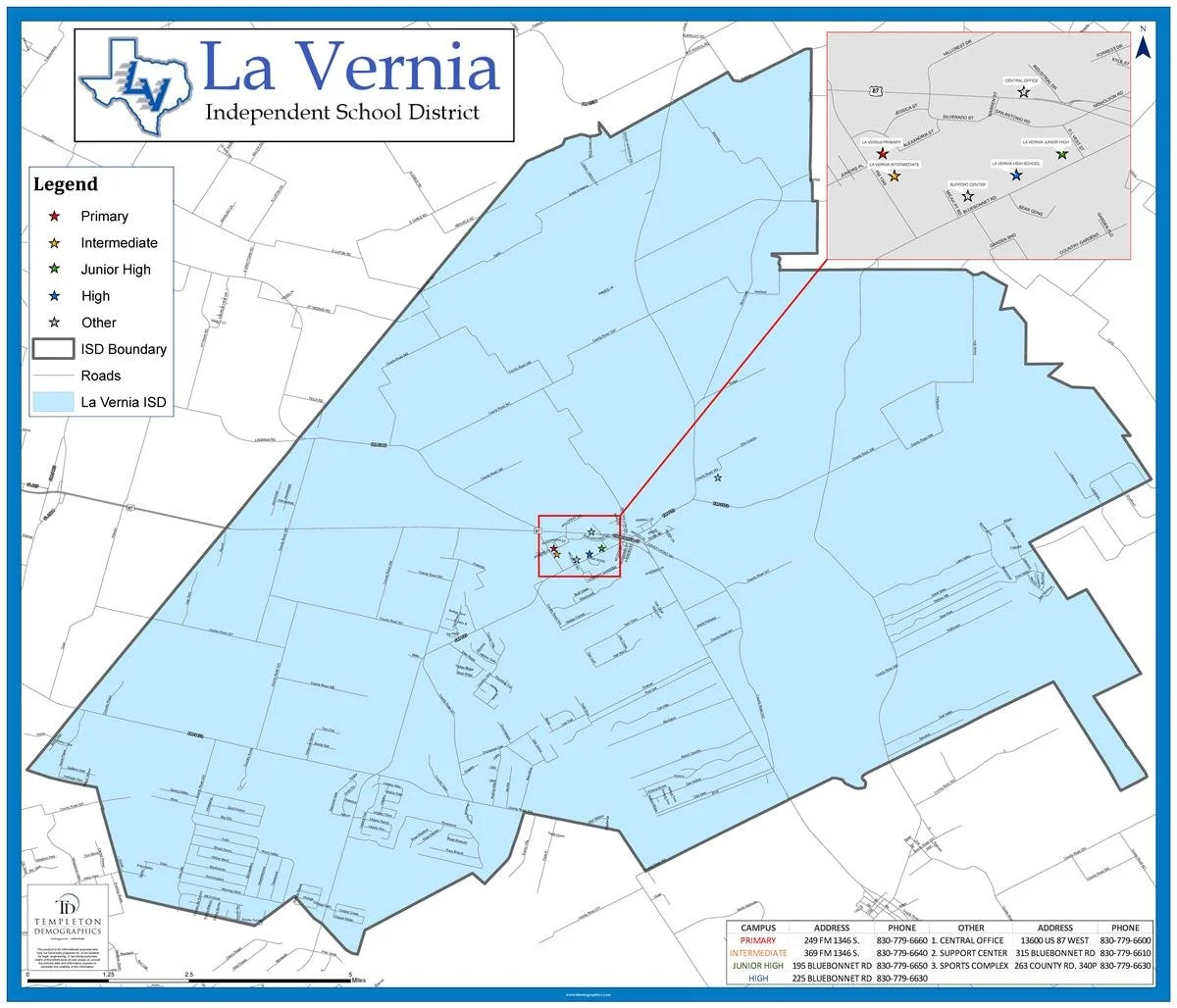 Map of La Vernia Independent School District boundary showing primary, intermediate, junior high, and high school campus locations in La Vernia, TX.