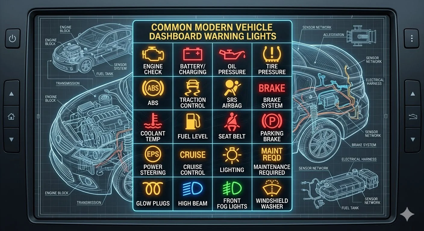 A digital dashboard display showing common modern vehicle warning lights and indicators, such as engine check, battery/charging, oil pressure, tire pressure, ABS, traction control, SRS airbag, brake system, coolant temperature, fuel level, seat belt, parking brake, power steering, cruise control, lighting, maintenance, glow plugs, high beam, front fog lights, and windshield washer.