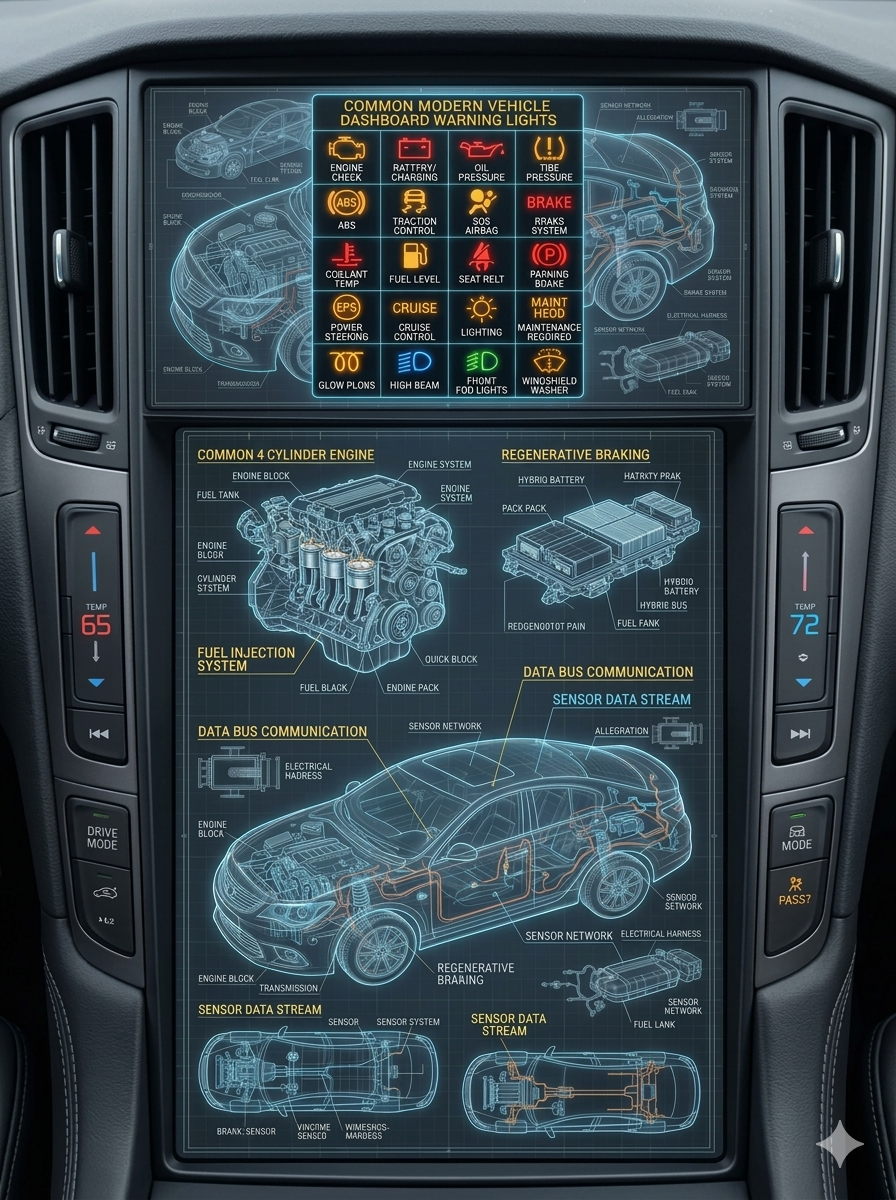 A car dashboard display showing warning lights and diagrams of vehicle systems, including common modern vehicle dashboard warning lights, engine and brake system diagrams, and sensor data streams, all in a digital schematic style.