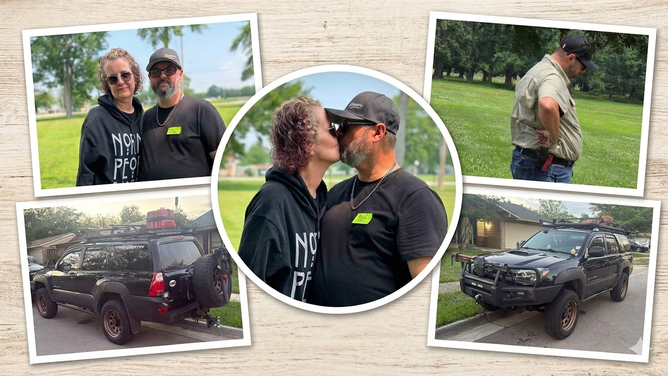 A collage of five photos featuring a couple and their black SUV, with two photos showing the couple kissing, one of the woman and man posing together, an image of the man looking down with hands on hips, and pictures of the vehicle parked outdoors.