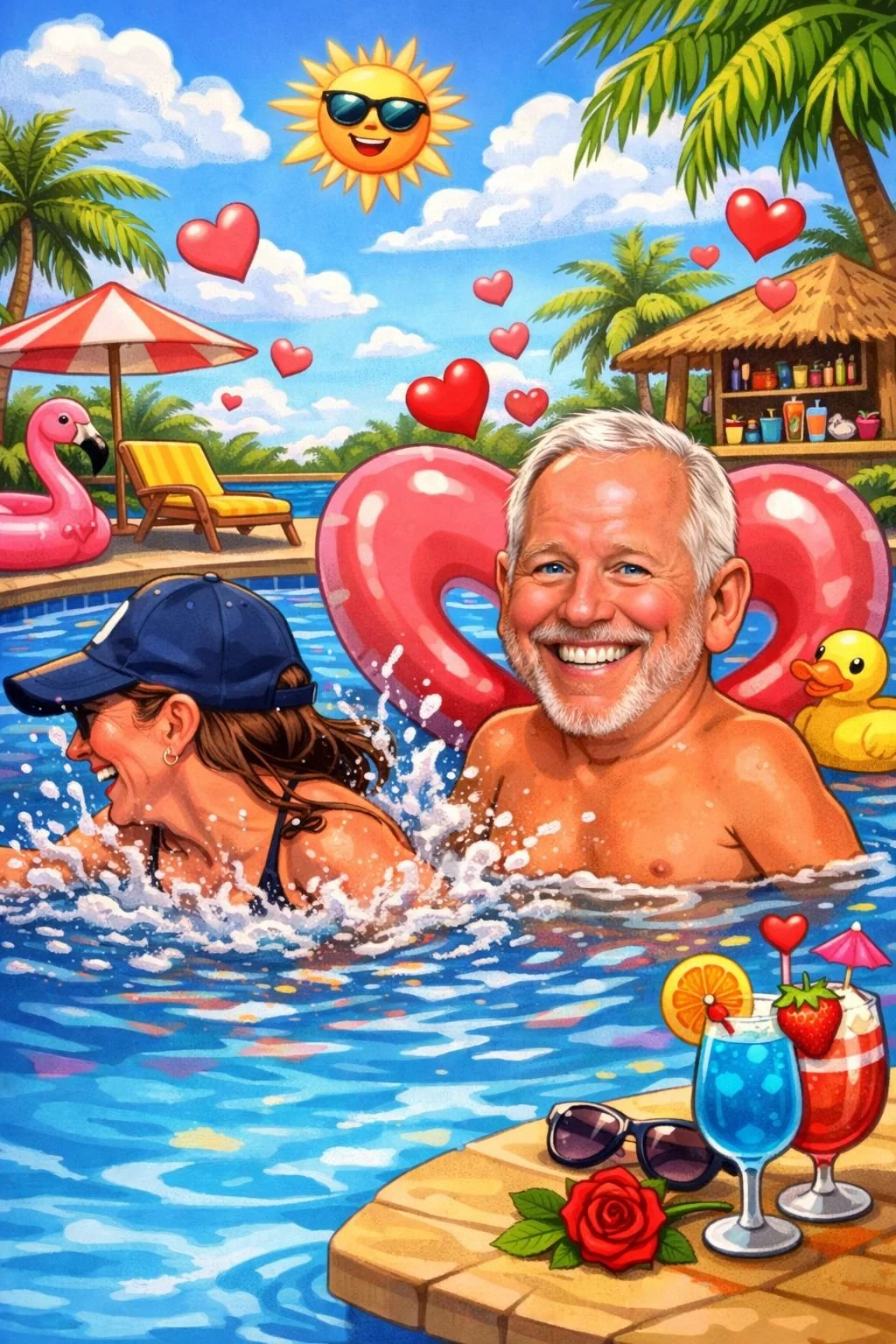 Colorful cartoon scene of a couple enjoying a pool day at a tropical resort, with palm trees, a bright sun wearing sunglasses, and a tiki bar in the background. The man is smiling with hearts around him, and the woman is splashing in the pool. There are inflatable pool toys, drinks on a nearby table, sunglasses, and tropical decorations.