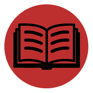 Icon of an open book on a red circular background.