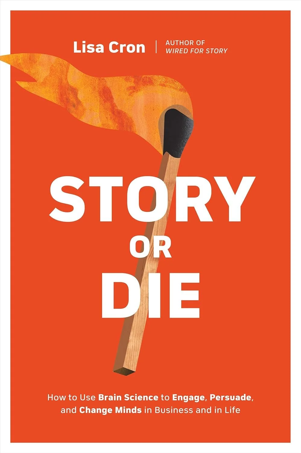 Book cover titled 'Story or Die' by Lisa Cron with a matchstick lighting a fiery trail.