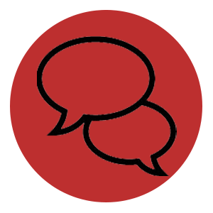 Two speech bubbles overlapping on a red circular background.