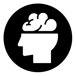 A silhouette of a person's head with clouds inside representing a thoughtful or imaginative mind.