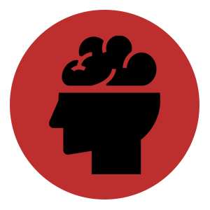 Silhouette of a human head with clouds inside, on a red circular background.