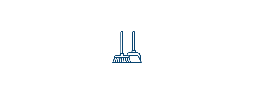 Line drawing of a broom and dustpan.
