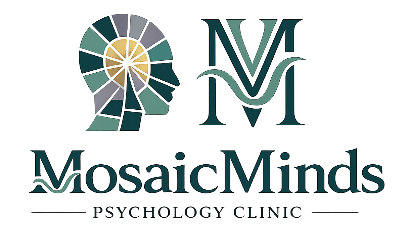 Logo for Mosaic Minds, a psychology online platform, featuring a stylized mosaic pattern in circular design and the text 'Mosaic Minds' with a wave motif.