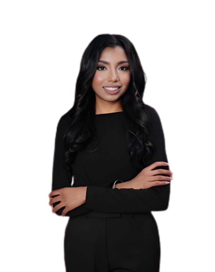 Portrait of a young woman with long black hair, smiling, wearing a black long-sleeve top and black pants, against a plain white background.