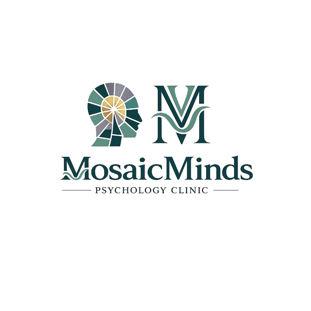 Logo for Mosaic Minds Psychology Clinic featuring a stylized human head with mosaic pattern and professional text