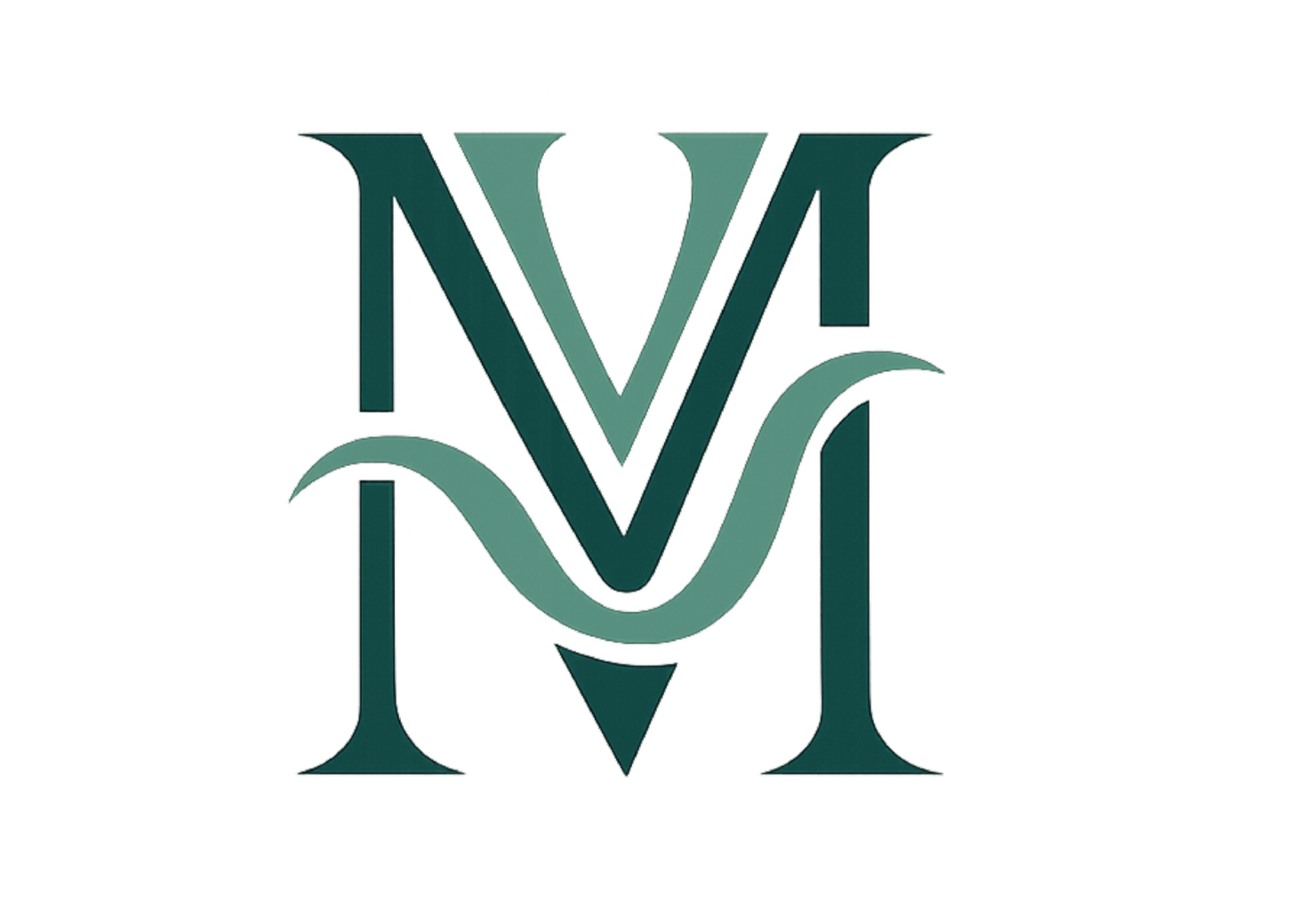 Stylized monogram of the letters V and M intertwined in shades of green and teal with a decorative design.