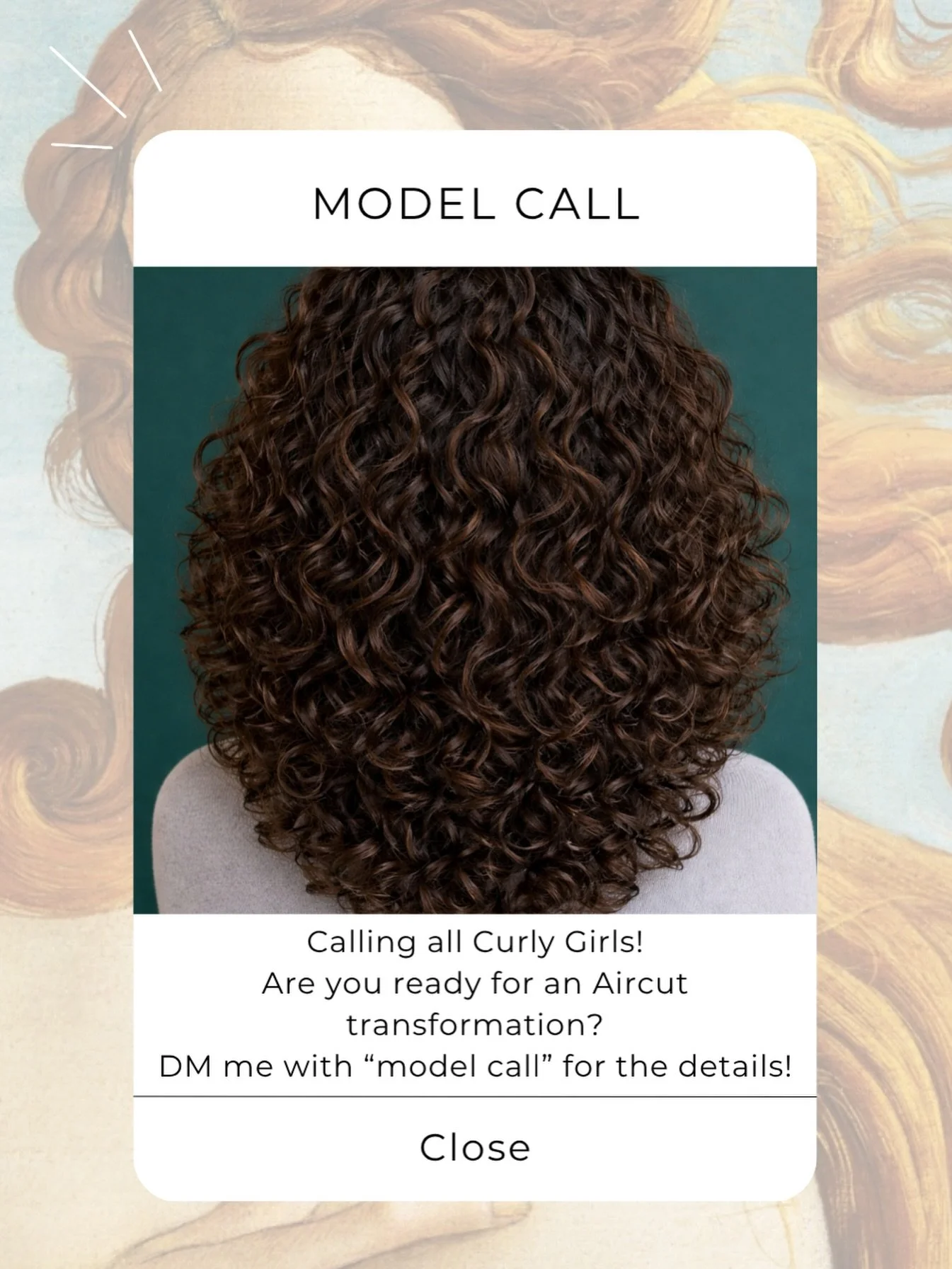 I&rsquo;m looking for a few curly-haired guests interested in a more intentional, shape-focused haircut experience.

If you&rsquo;ve been searching for a better cut that works with your natural texture, this is for you.

Selected models will receive: