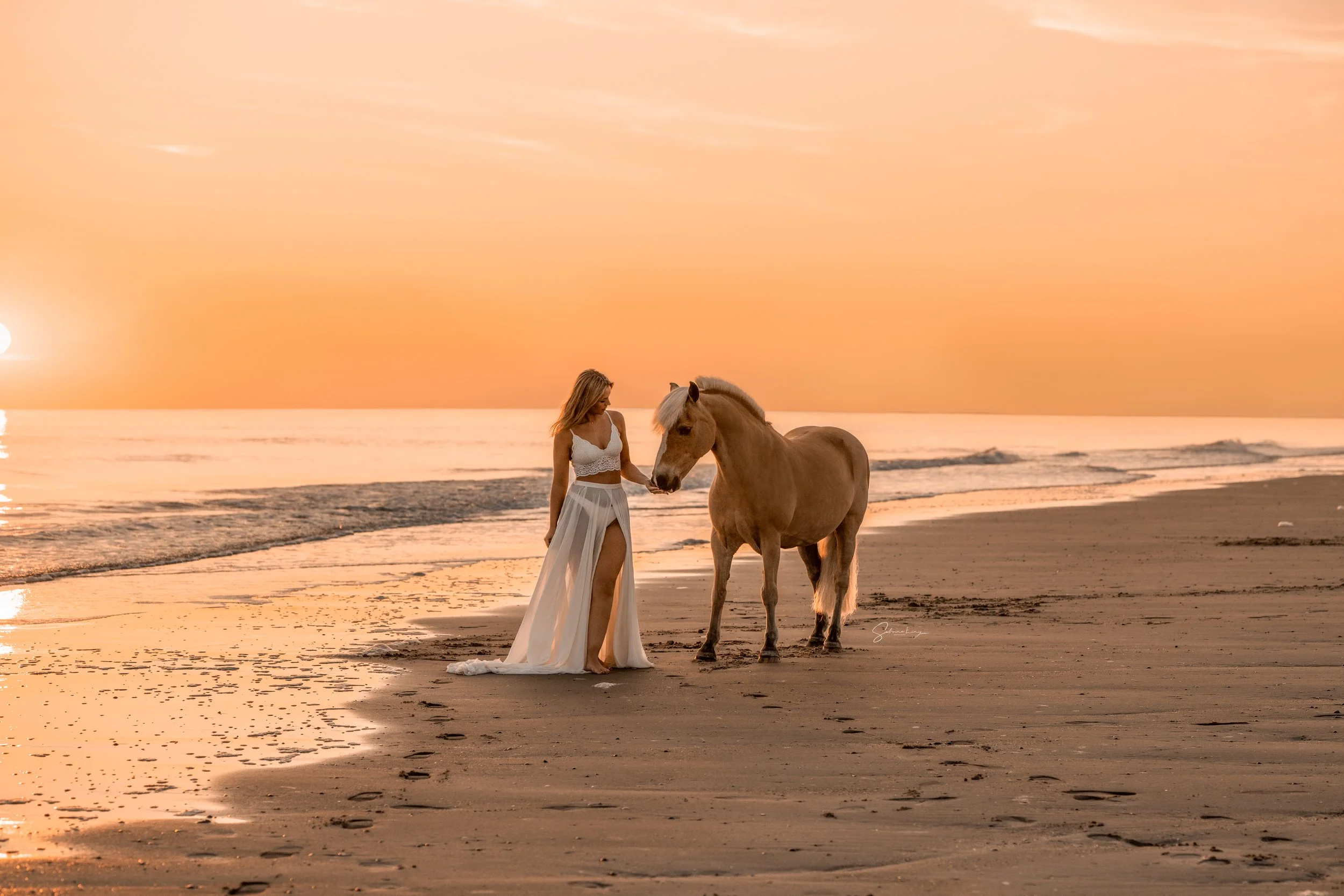 A woman with long blonde hair in a white dress standing on the beach, gently touching a light brown horse during a sunset with a pink-orange sky and calm ocean.
