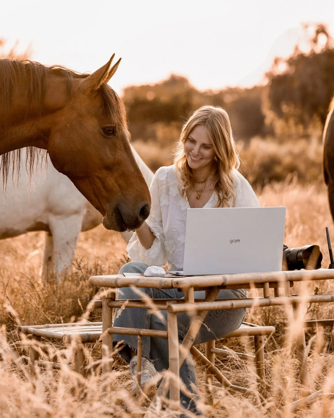A woman sitting at a bamboo table outdoors with a laptop, smiling at a horse standing nearby, in a grassy field at sunset.